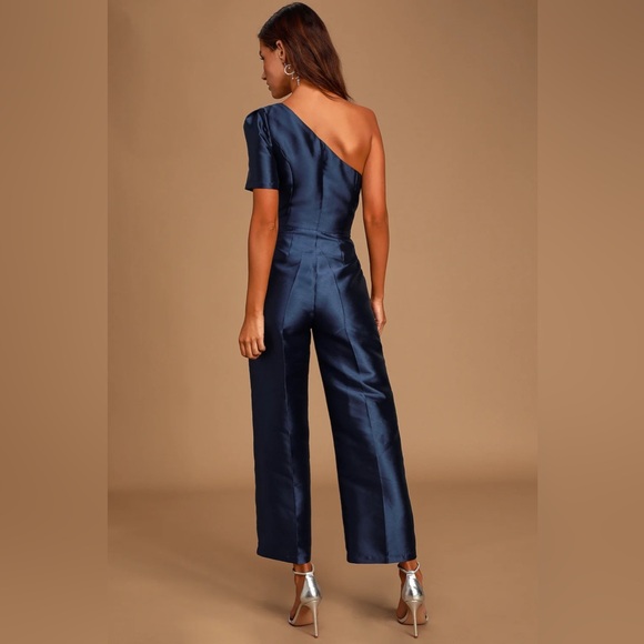 Lulus Divine Dream Navy Blue Satin One-Shoulder Culotte Jumpsuit - Picture 4 of 9